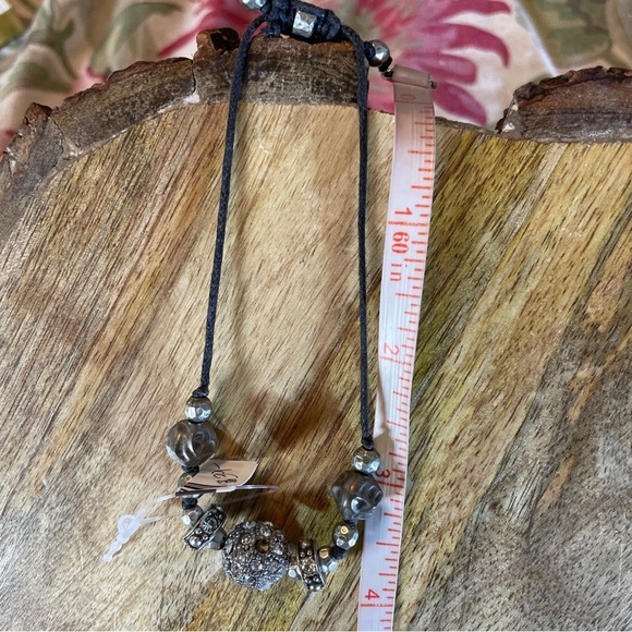 Adjustable Black String Bracelet Rhinestone Pearl Silver Tone Beads LARGE Wrist - Picture 9 of 14